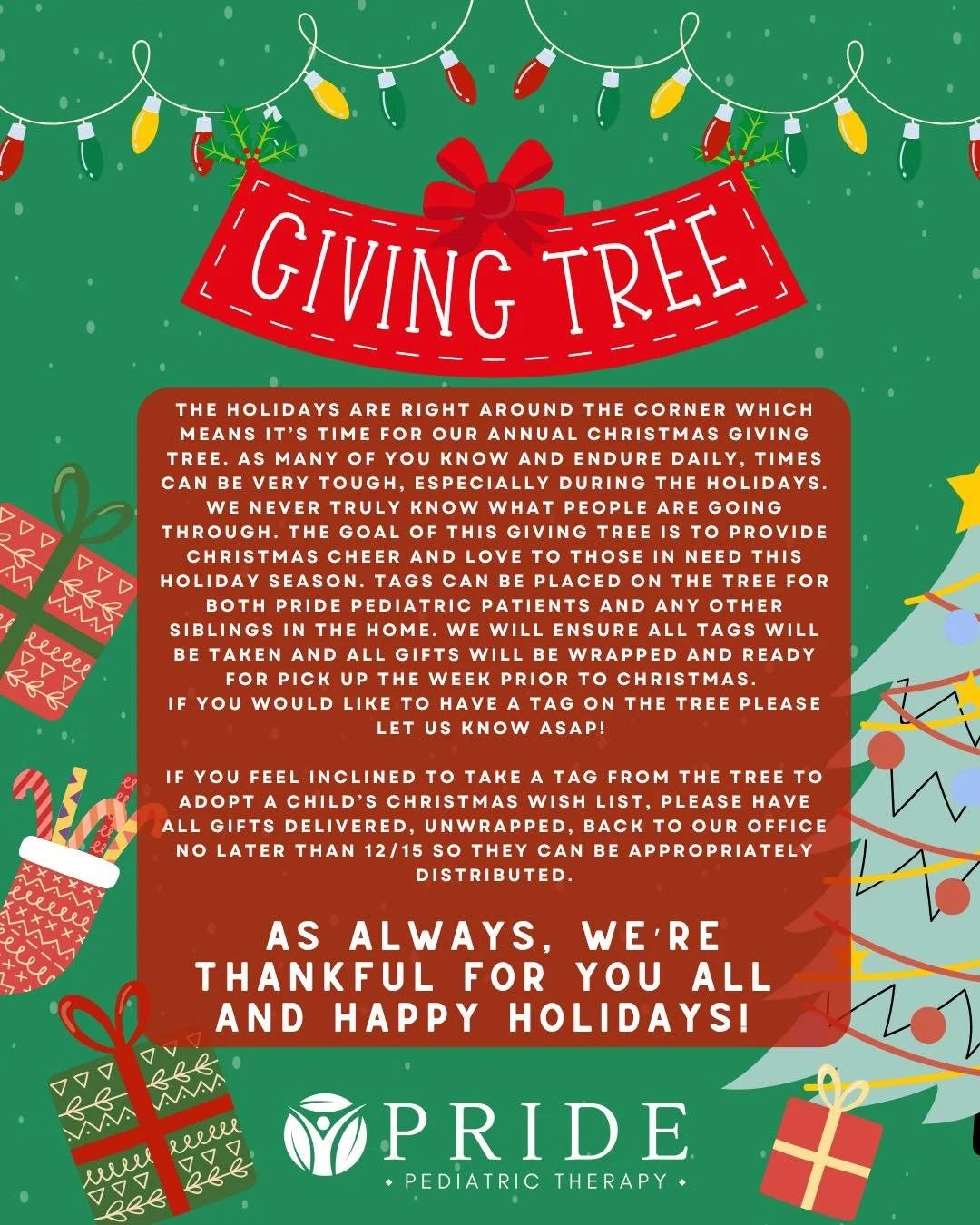 🎄 We&rsquo;re almost ready to kick off our Annual Christmas Giving Tree! 🎅🏼
Tags will start going up on the tree next week!

Our Giving Tree is open to any PPT patients and their siblings. Our goal is to have every single tag fulfilled this holida
