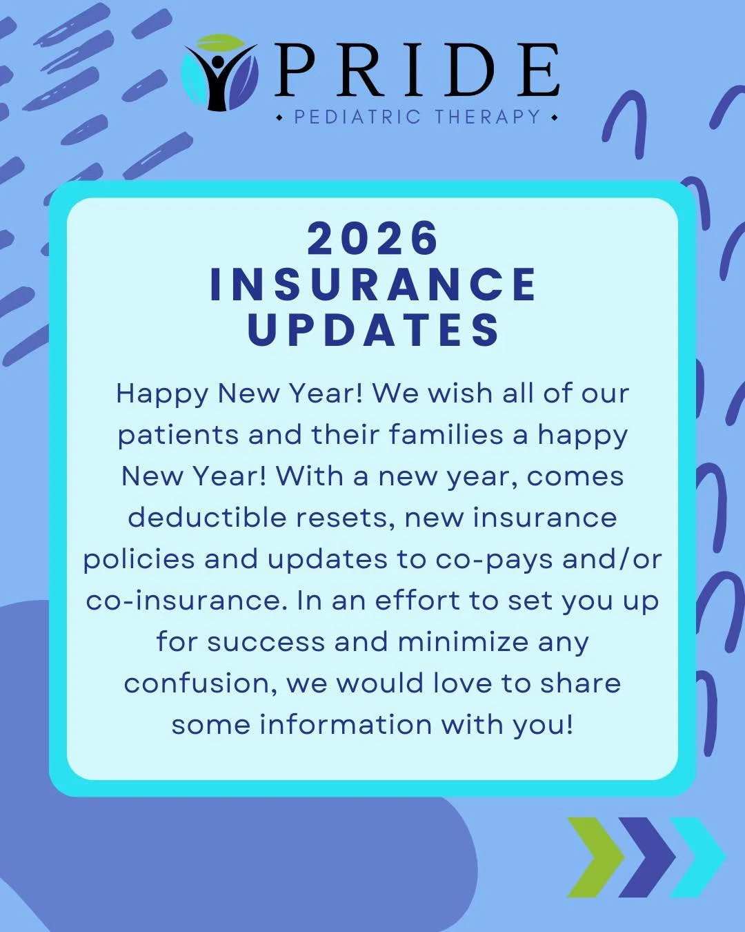 ‼️New Year, means insurance updates‼️
Sharing a friendly reminder that it is the responsibility of the parent/families to let our office know of any insurance changes before your child&rsquo;s next appointment! 🎉🩵

If you have any questions at all,