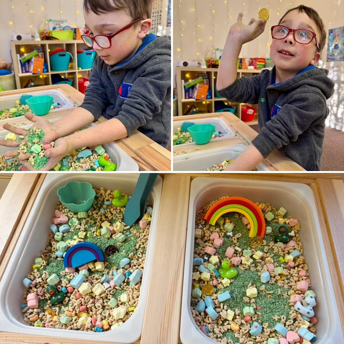 Our St. Patrick&rsquo;s Day sensory bin is more than just magically delicious 🌈🍀&mdash;it&rsquo;s a hands-on way to build fine motor skills, explore textures, and spark imaginative play. From scooping and sorting to hunting for those gold coins, se