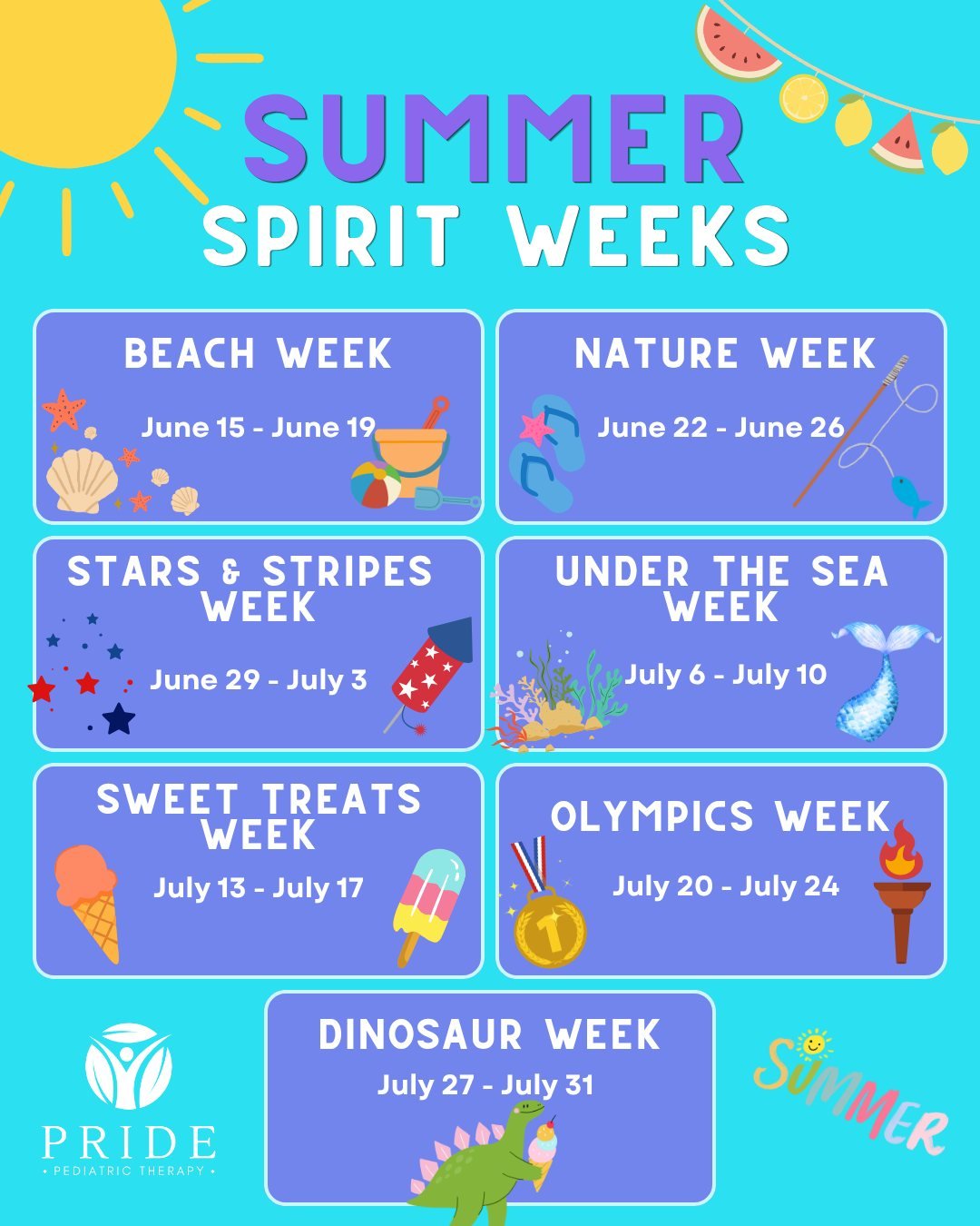Get Ready for Our Summer Spirit Week Adventure at PPT! 🌴🎉☀️

We're bringing extra fun, creativity, and excitement to the clinic all summer long with our themed Spirit Weeks! Staff and patients are encouraged to join in the fun as we celebrate each 