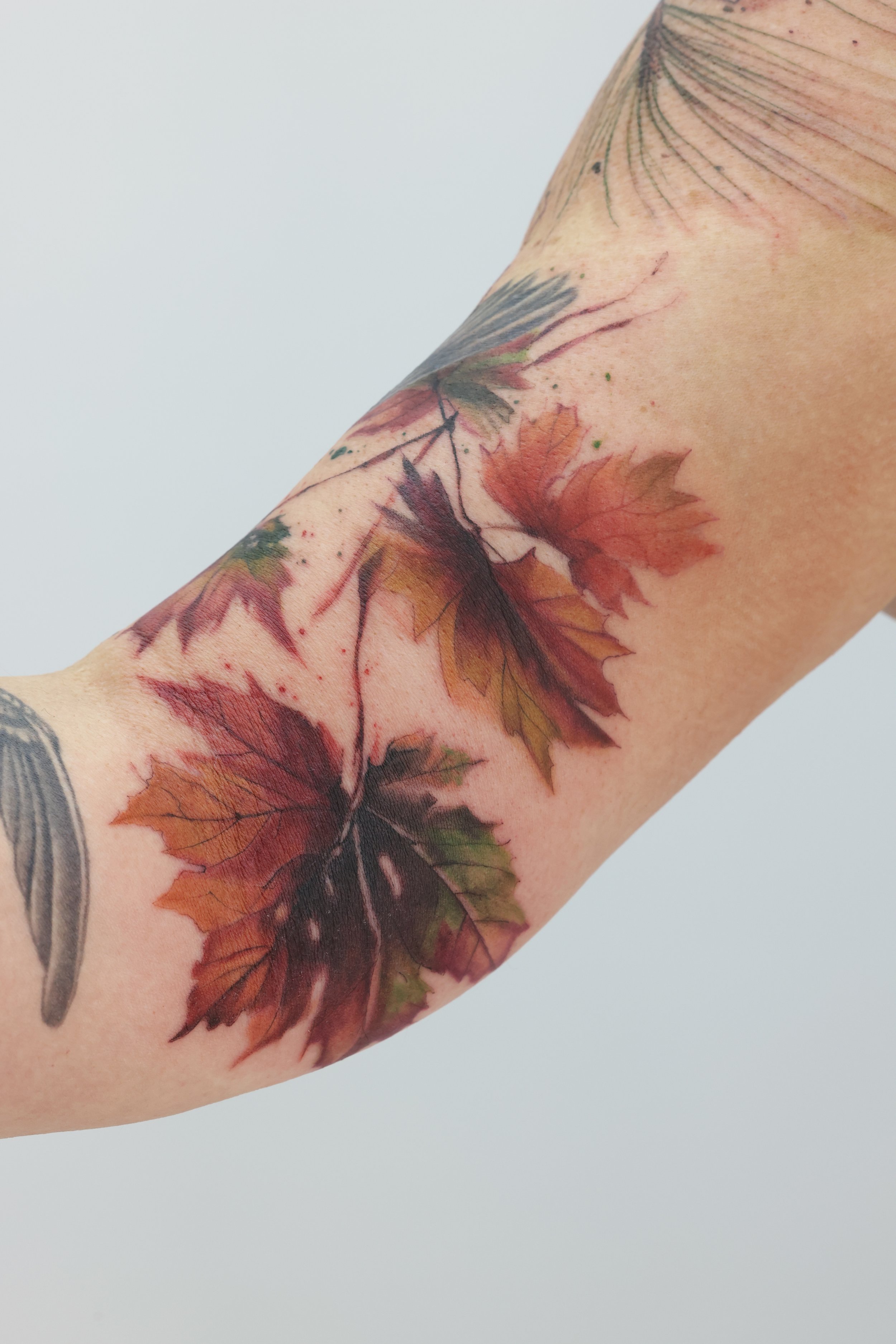 Close-up of a person's arm with a detailed tattoo of colorful autumn leaves and a butterfly wing.