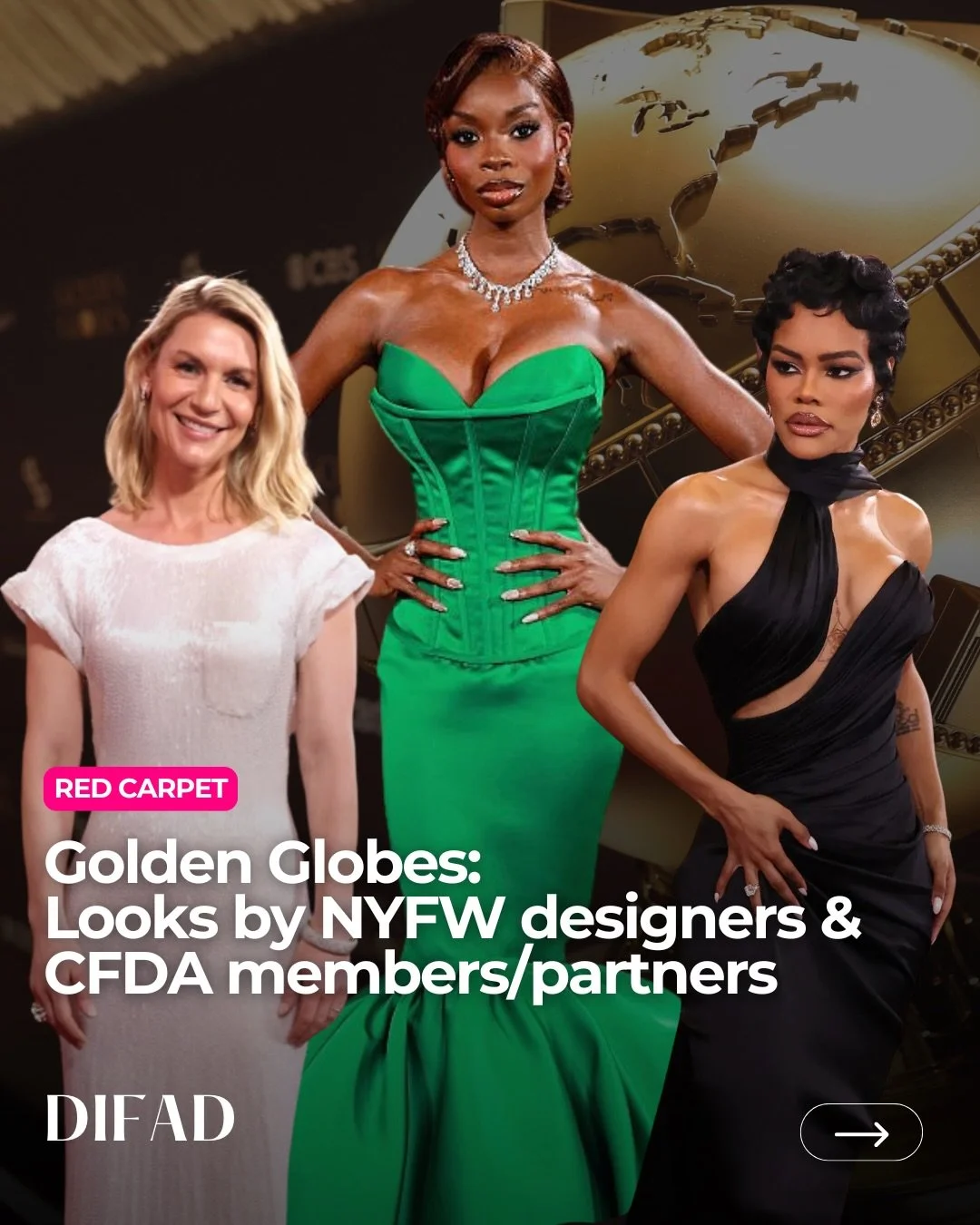 Golden Globes night, through a NYFW lens ✨
Designers, members, and partners of the CFDA brought runway-level fashion to the red carpet tonight, celebrating style &amp; creativity!

Swipe to see the looks we loved 🖤
#nyfw #GoldenGlobes #NYFWDesigners
