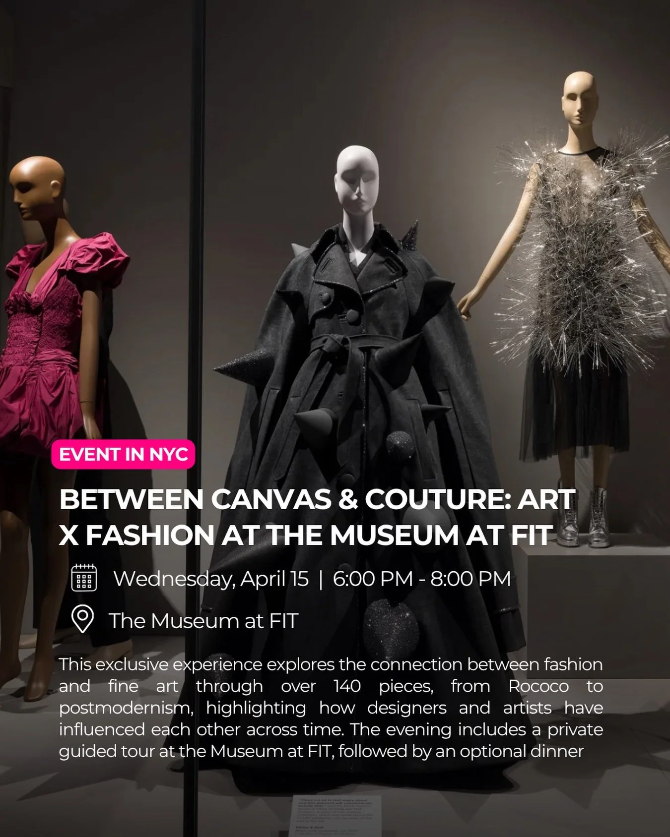 An evening where fashion meets art ✨

Join us for a private guided tour of the Art x Fashion exhibition at the Museum at FIT, exploring the creative dialogue between designers and artists across generations. With over 140 pieces on display, this expe