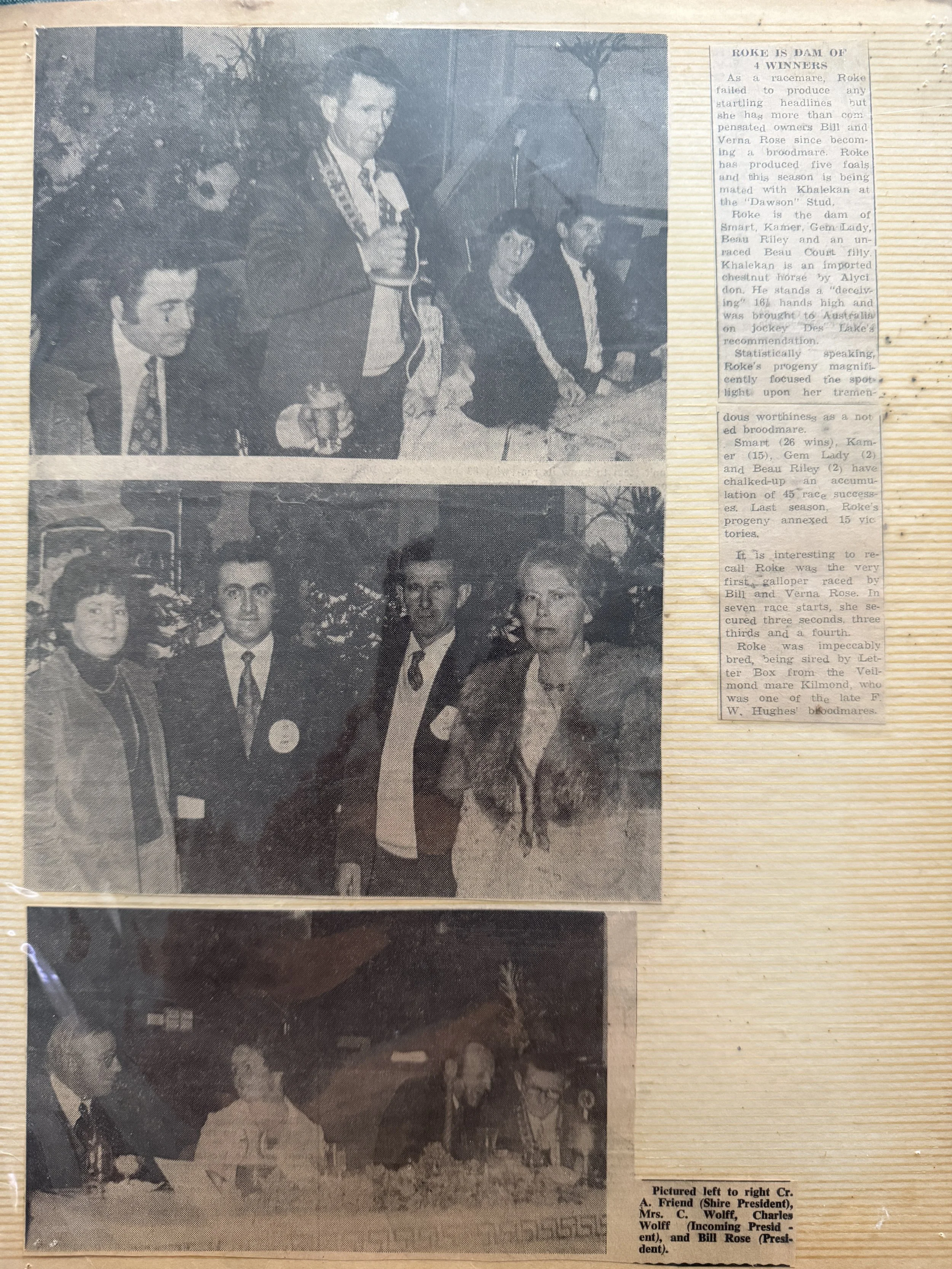 Black and white photos from a newspaper article show groups of people at a social event. The top photo features individuals sitting at a table, including a man standing with a microphone, suggesting he is speaking. The middle photo shows people dress