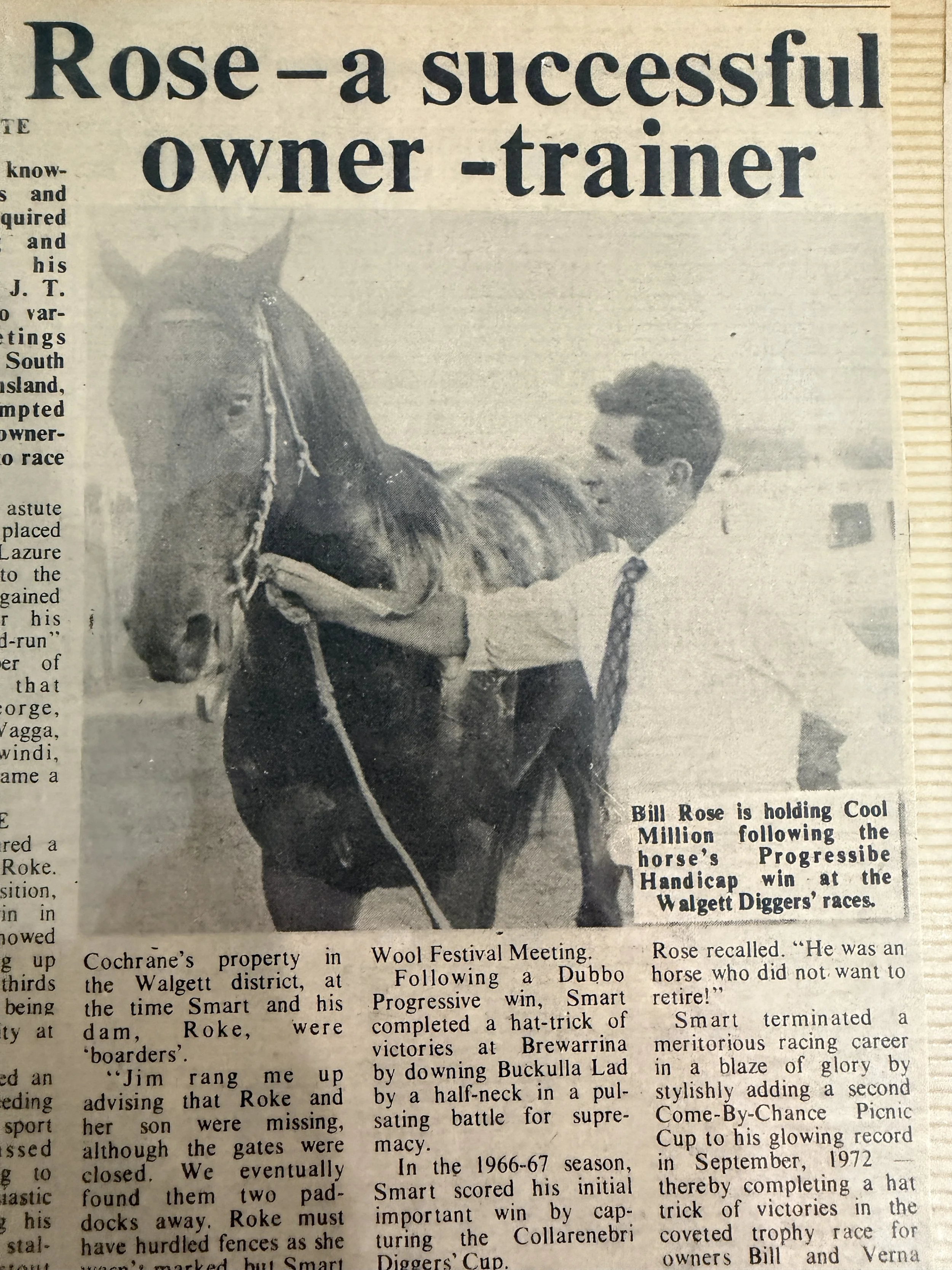 Black and white newspaper clipping showing man in tie and rolled-up sleeves holding a dark horse, with the headline 'Rose - a successful owner - trainer' and caption mentioning Bill Rose and horse Cool Million at Walgett Diggers Races.