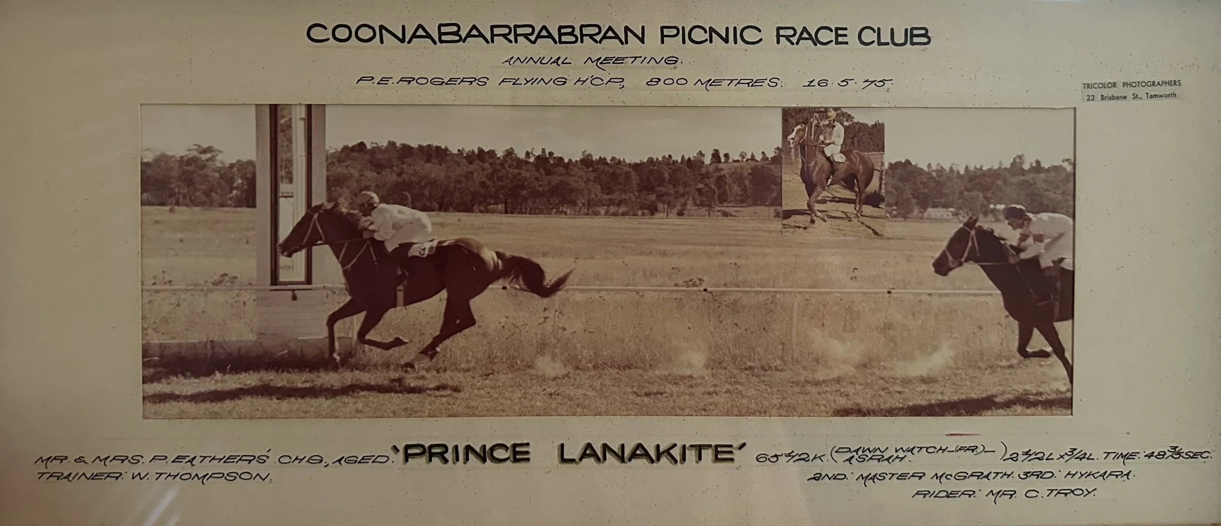 Vintage poster of a horse race at the Coonabarabran Picnic Race Club, featuring multiple photographs of horses and jockeys, with handwritten details about the race, horse, trainer, and rider. Jockey: Chris Troy from Walgett
