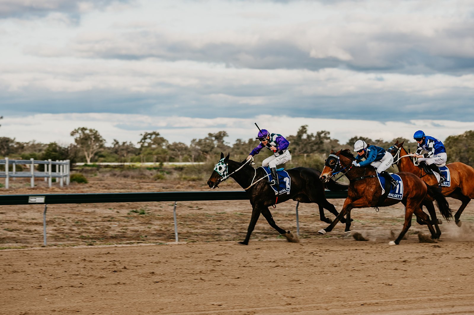 Four racehorses and jockeys competing in a horse race on a dirt track, with trees and a cloudy sky in the background.