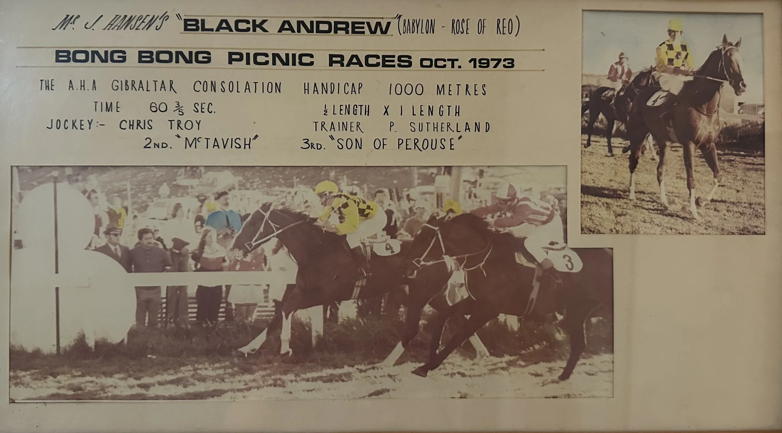 A vintage photo collage from a horse race event in October 1973, including two photographs of horses and jockey racing, and a colored photo of jockeys riding horses on a track . The event was the Bong Bong Picnic Races, Jockey is Chris Troy