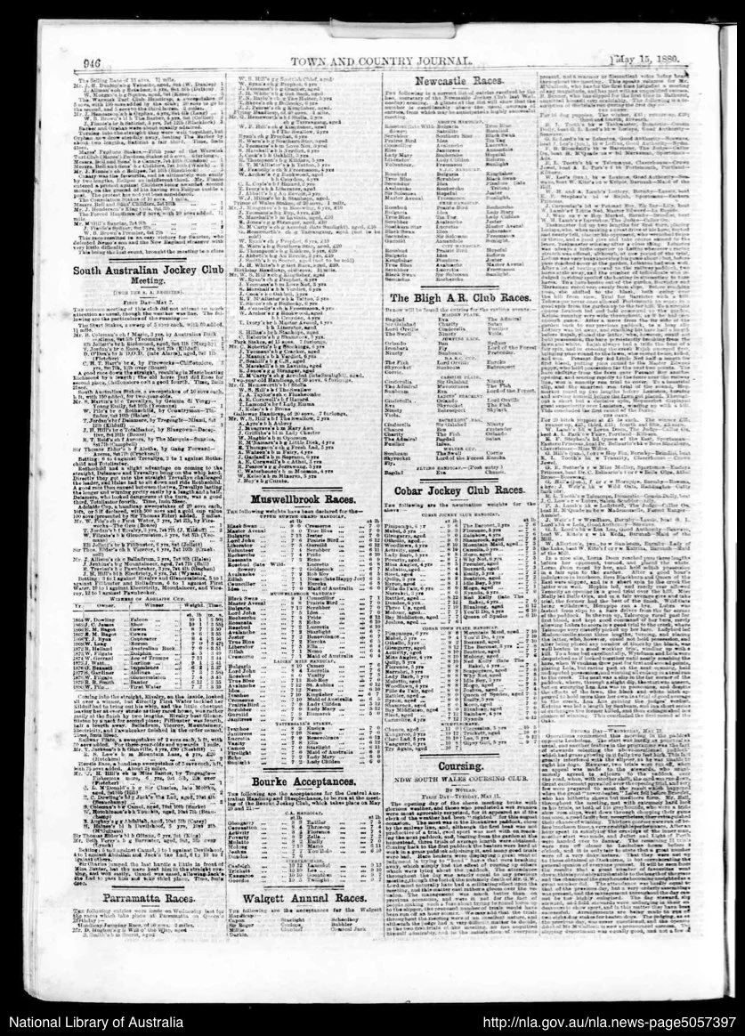 Black and white scanned page of a historical newspaper titled 'Town and Country Journal' from July 15, 1880, featuring articles on horse racing events and clubs, including South Australian Jockey Club, Newcastle Races, The Bligh A.R. Club Races, Muswellbrook Races, Cobar Jockey Club Races, and others.