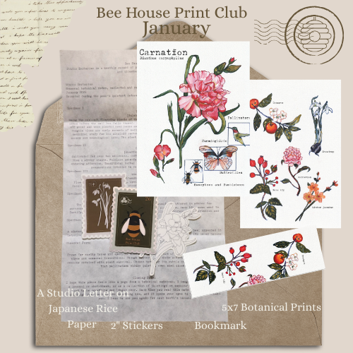 A collection of botanical prints, stickers, and stationery featuring bee and plant illustrations, part of the Bee House Print Club January themed stationery set.