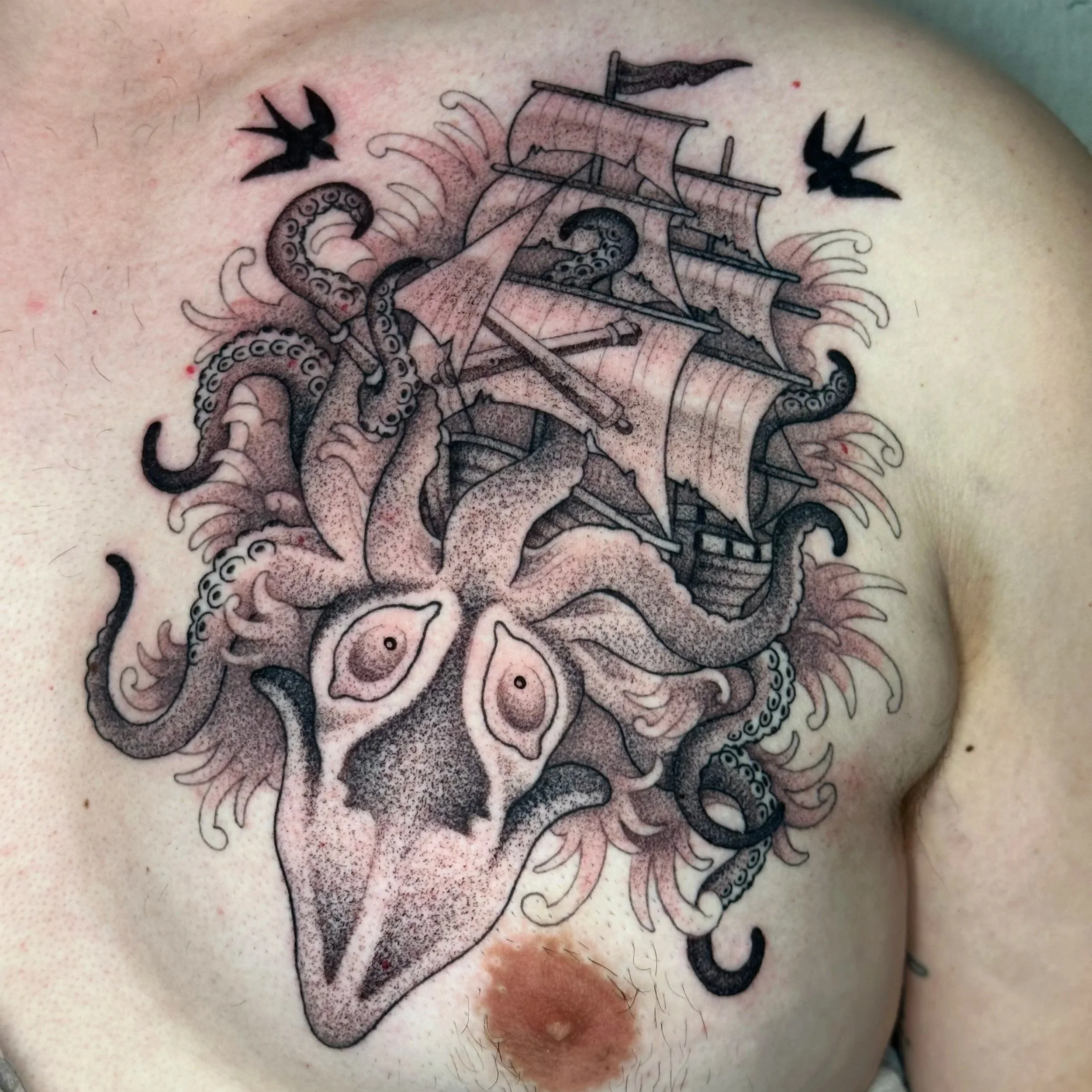 kraken and pirate ship (custom, healed lines, fresh shading)