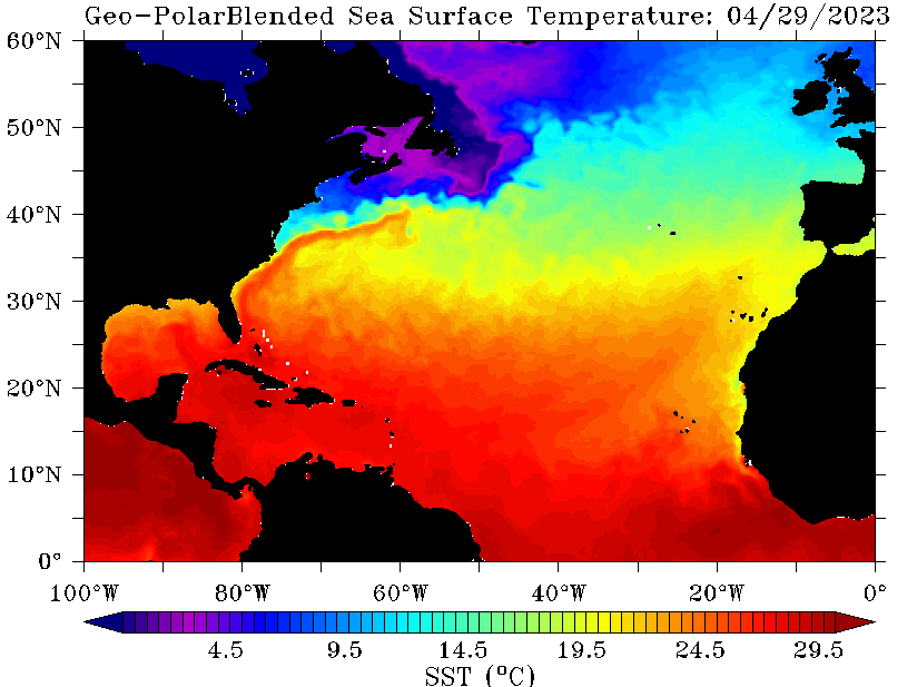 Geo-PolarBlended Sea Surface Temperature Map April 2023