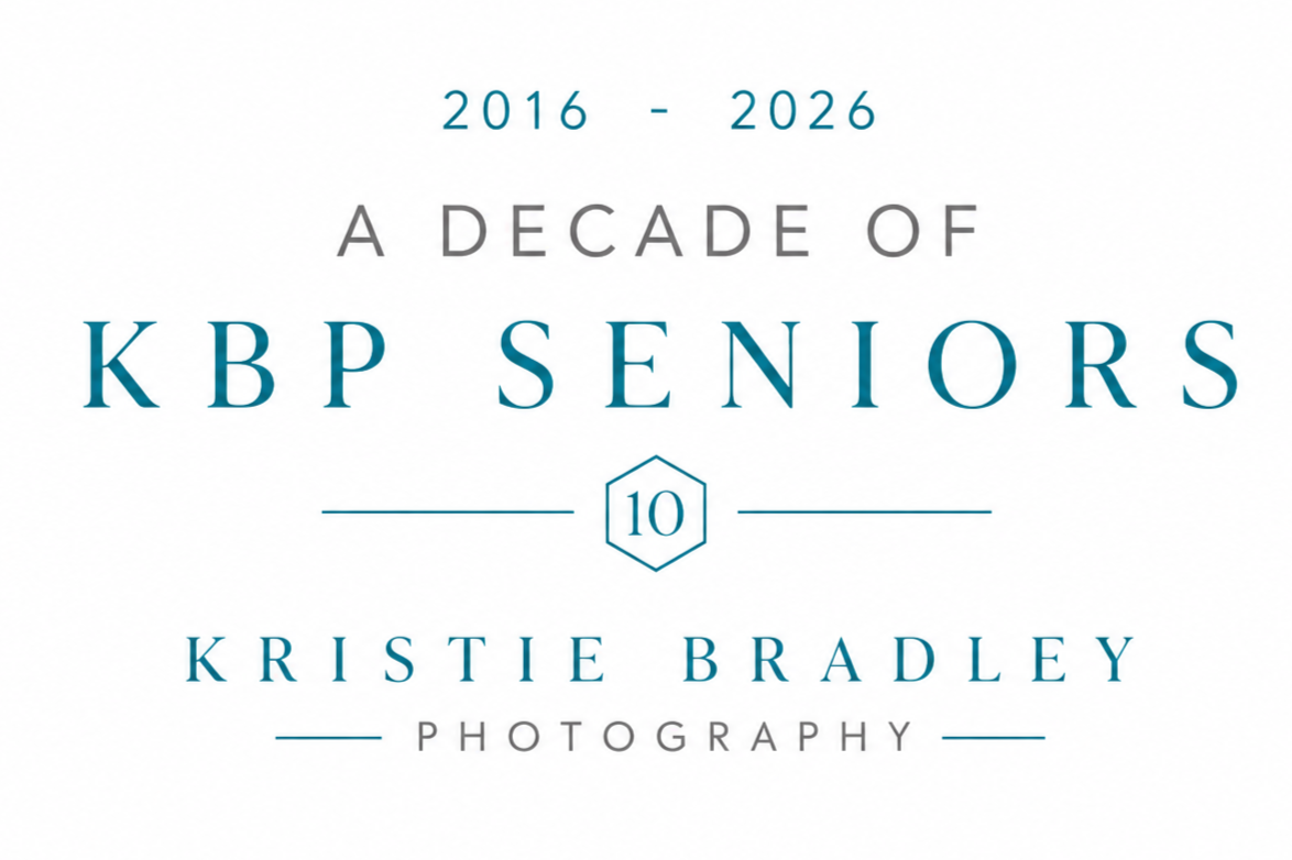 A Decade of KBP Seniors 2016-2026 anniversary logo by Kristie Bradley Photography in teal and silver