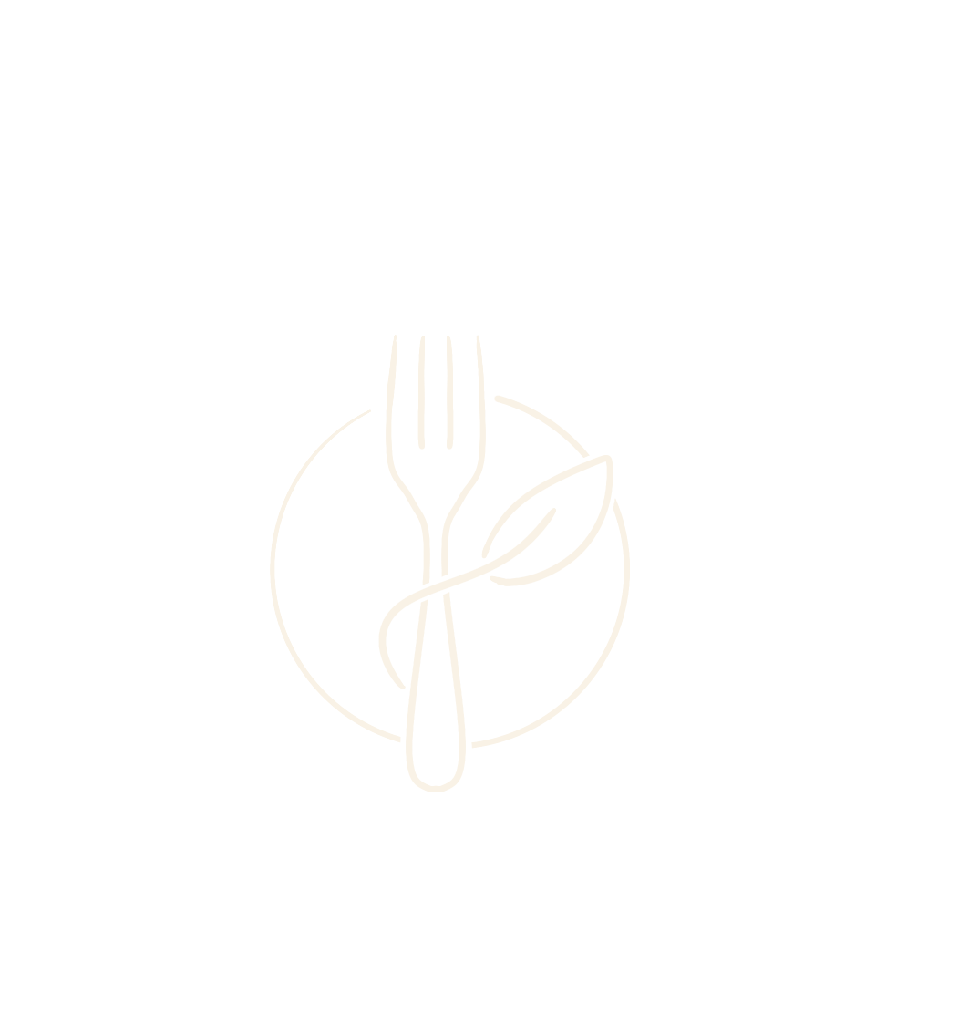 Hand drawn line art illustration of a fork on a plate with a leaf wrapped around it