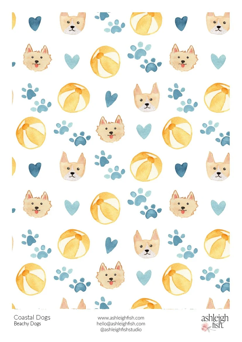 Pattern with dog faces, paw prints, beach balls, and hearts.