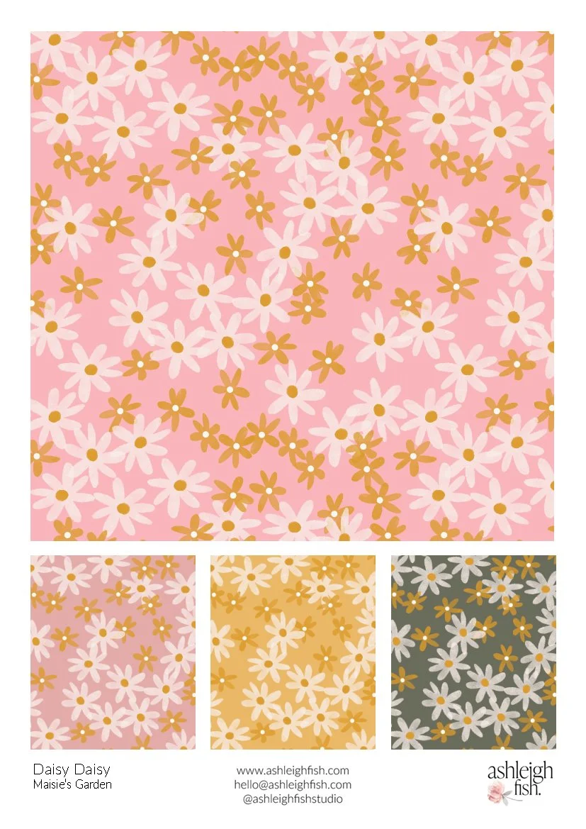 Floral pattern with white and orange daisies on pink, yellow, and green backgrounds; design by Ashleigh Fish from Maisie's Garden collection, featuring contact information and logo.