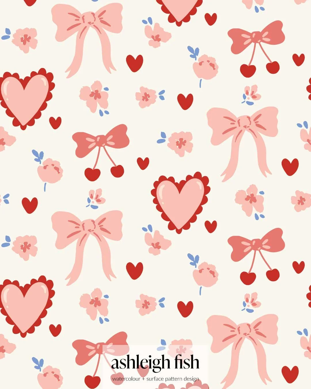 Pattern featuring pink bows, red hearts, cherries, and floral designs on a light background.