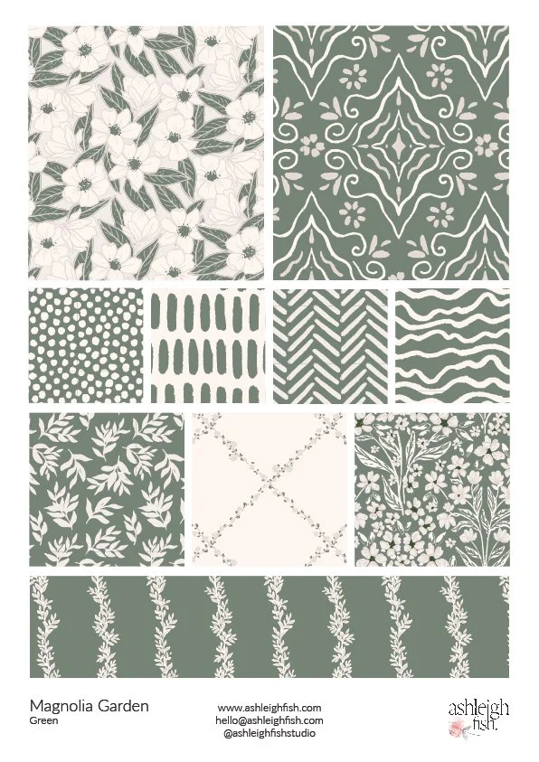 Collage of floral and geometric patterns in green and white by Ashleigh Fish, labeled 'Magnolia Garden'