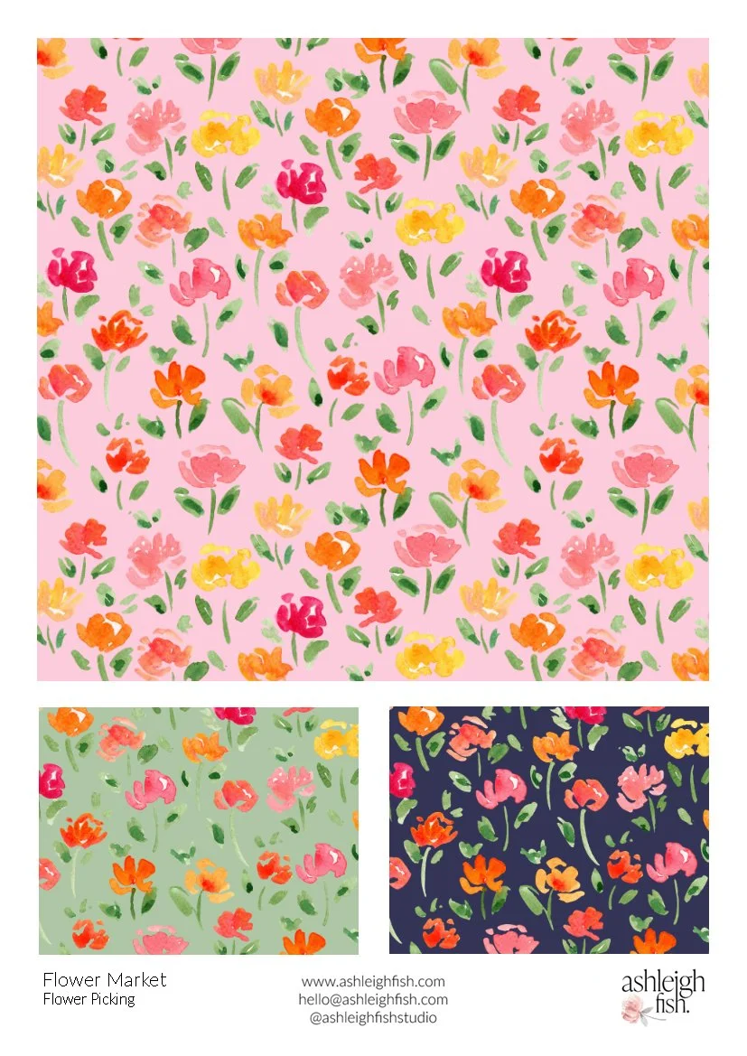 Floral patterns with pink, green, and navy backgrounds featuring colorful flowers