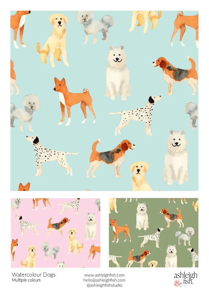 Pattern of watercolor dogs on colorful backgrounds featuring various breeds, including spotted, fluffy, and multicolored dogs. Includes contact information for "ashleigh fish" studio.