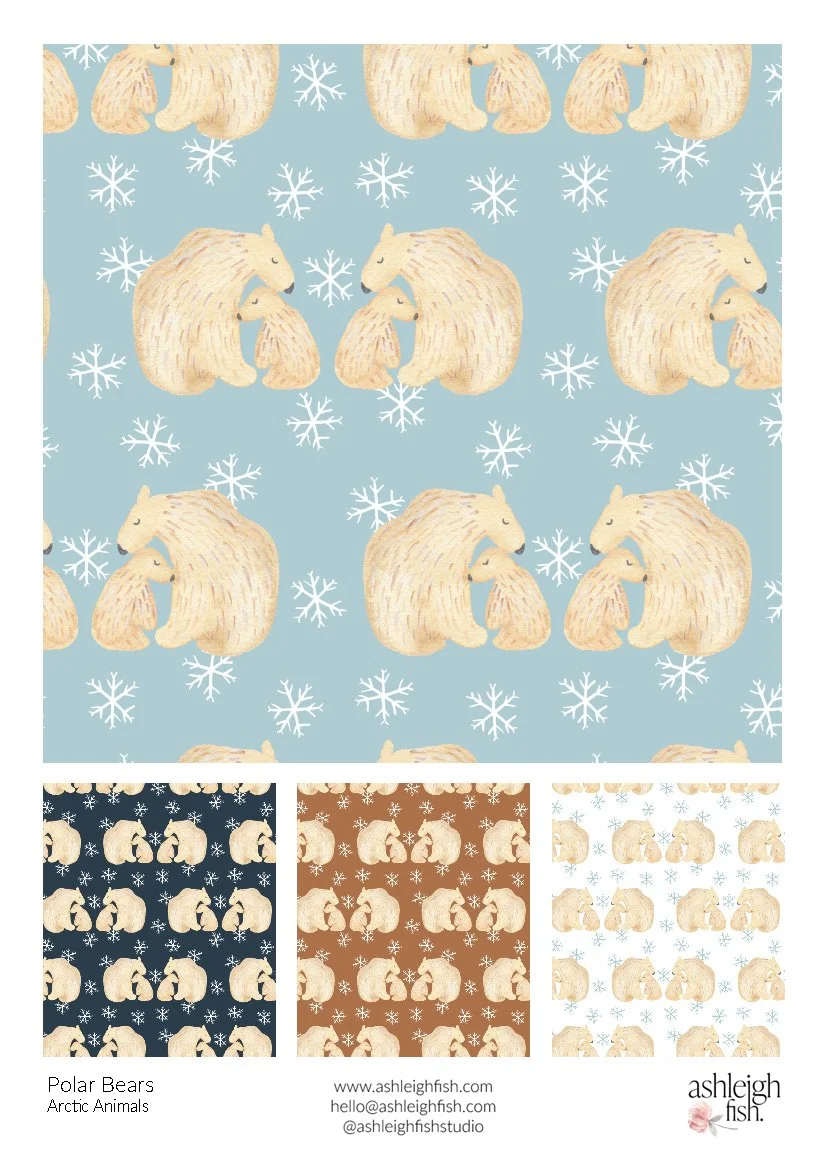 Pattern featuring polar bears and snowflakes on blue, brown, and white backgrounds.