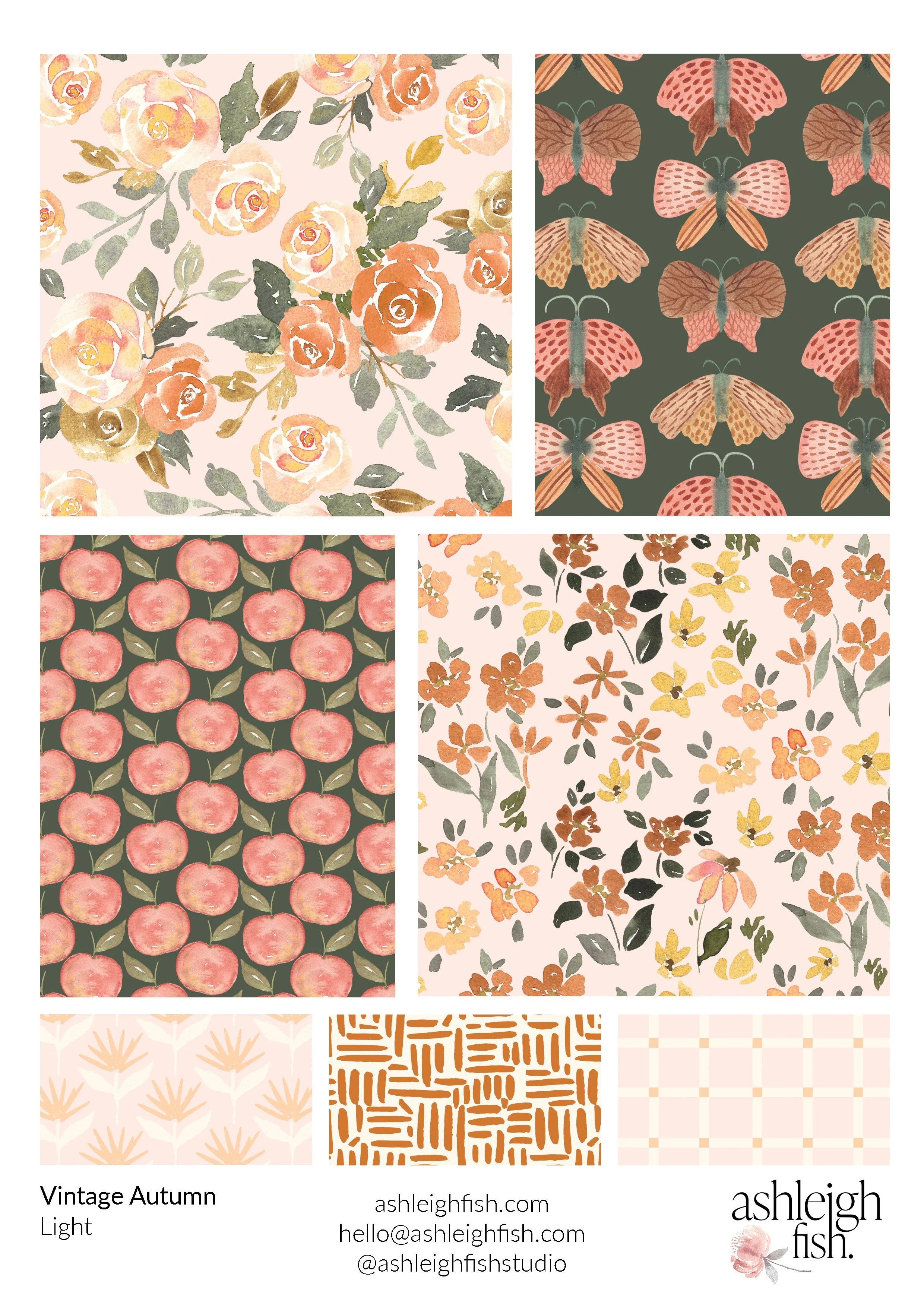 Collection of vintage autumn-themed patterns with floral and geometric designs in light colors.