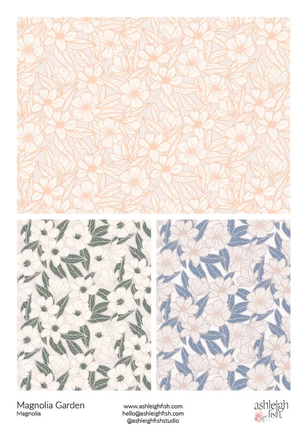 Floral patterns with magnolia flowers in various colors, including orange, green, and blue. Each design features stylized magnolia blossoms and leaves.