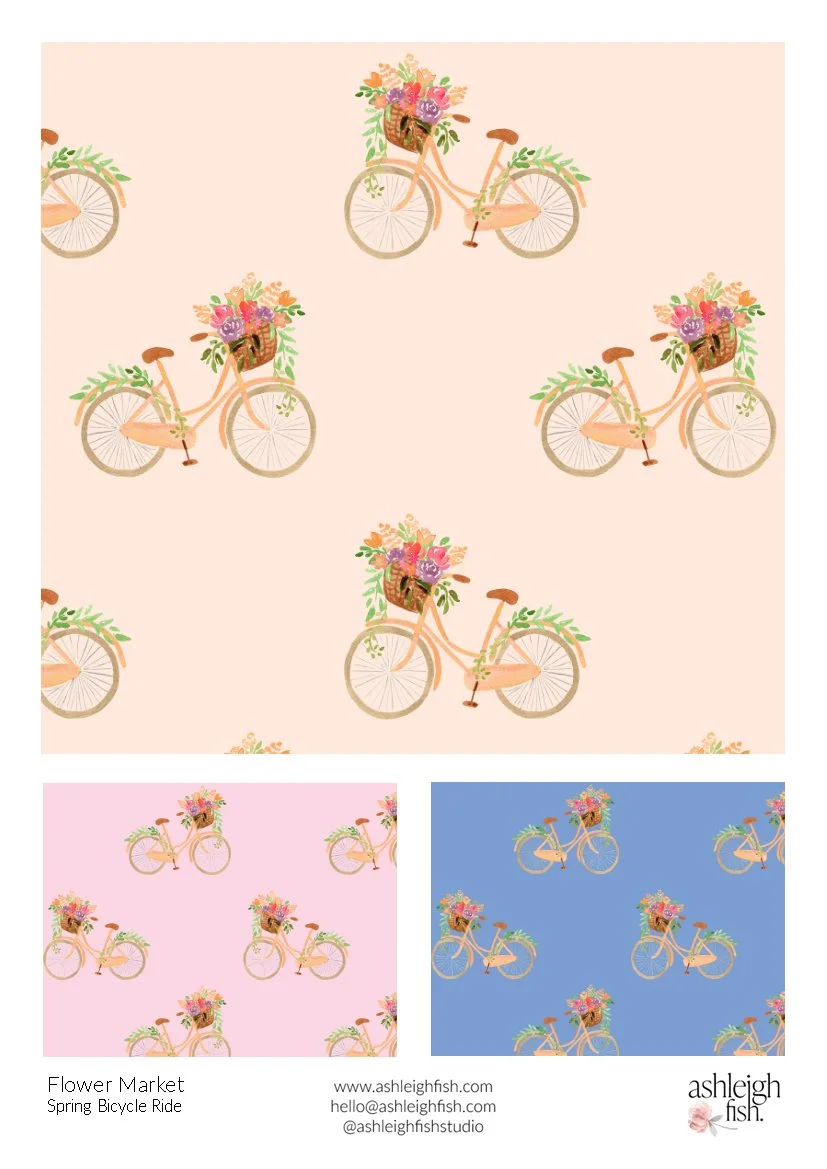 Pattern featuring bicycles with flower baskets on pastel backgrounds