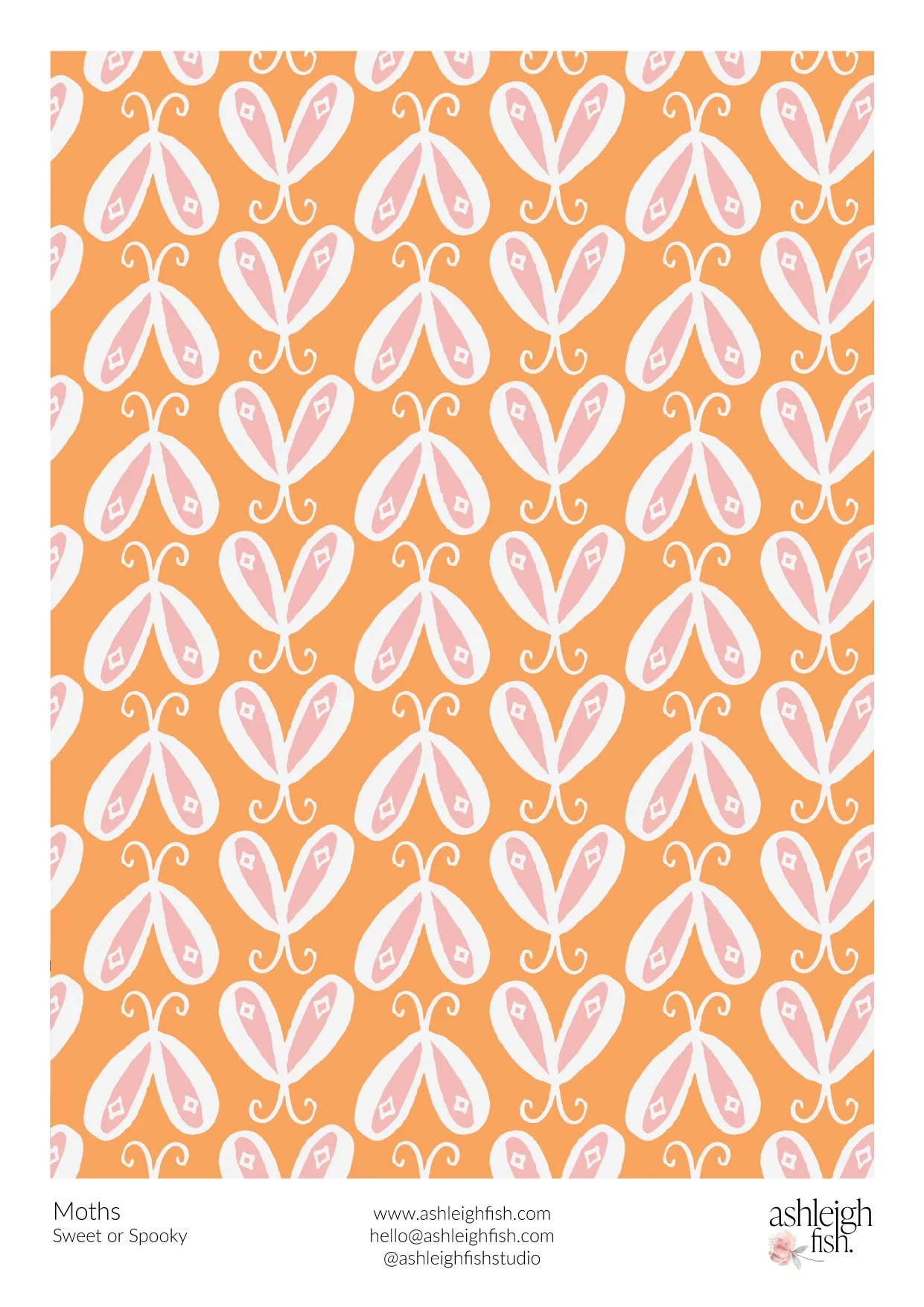 Seamless pattern featuring pink and white stylized moths on an orange background.