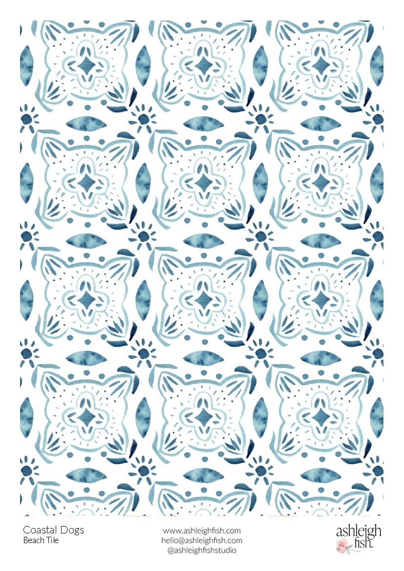 Patterned design featuring blue and white symmetrical shapes resembling coastal motifs.