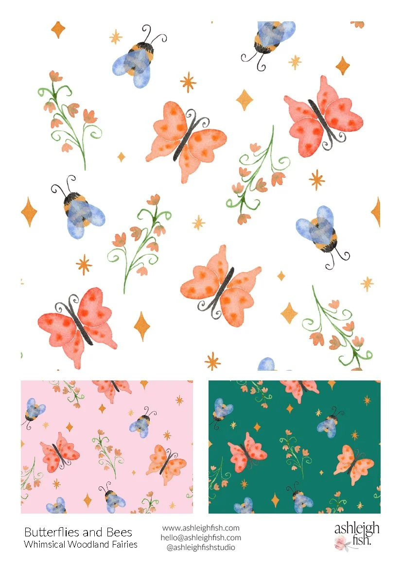 Illustration featuring orange butterflies, blue bees, and floral elements on white, pink, and green backgrounds with whimsical woodland fairy theme.