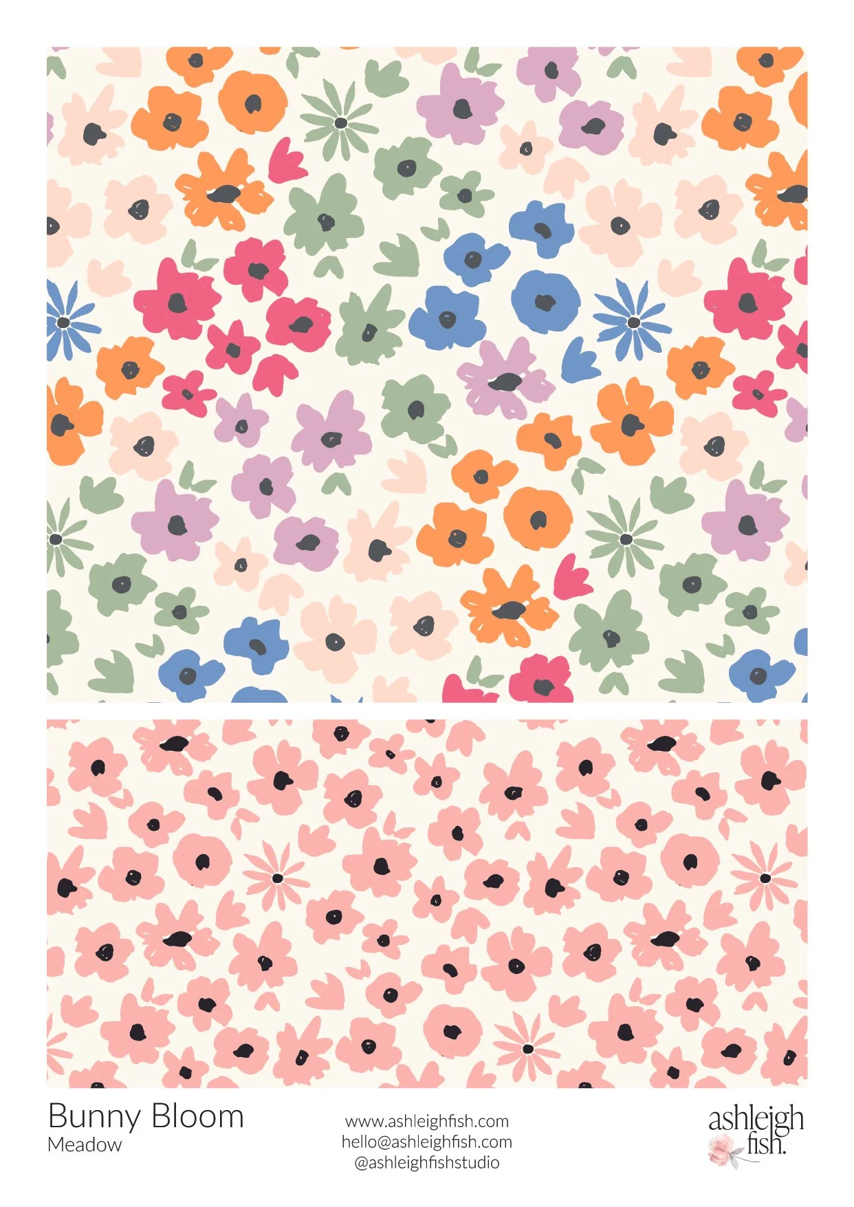 Floral pattern with colorful flowers in pink, purple, blue, green, orange, and beige on a white background, designed by Ashleigh Fish, labeled as 'Bunny Bloom Meadow.'