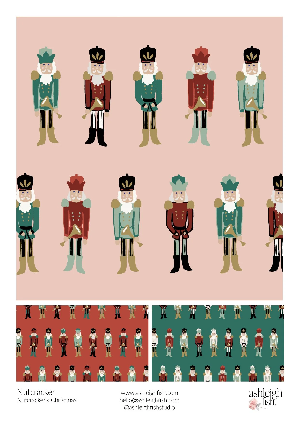 Illustrations of nutcracker soldiers in various colors on pink, red, and green backgrounds.