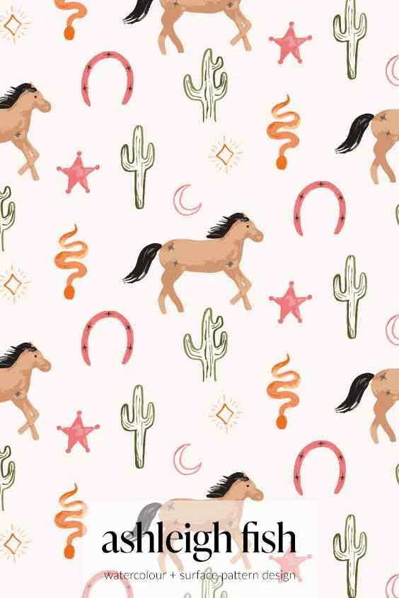Pattern featuring illustrations of horses, cacti, snakes, horseshoes, stars, and geometric shapes in a whimsical style on a light background.