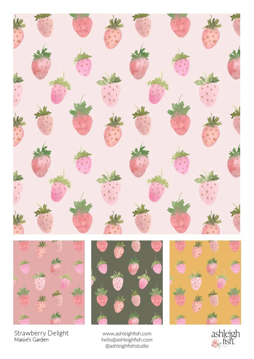 Watercolor strawberry pattern with variations on different colored backgrounds.