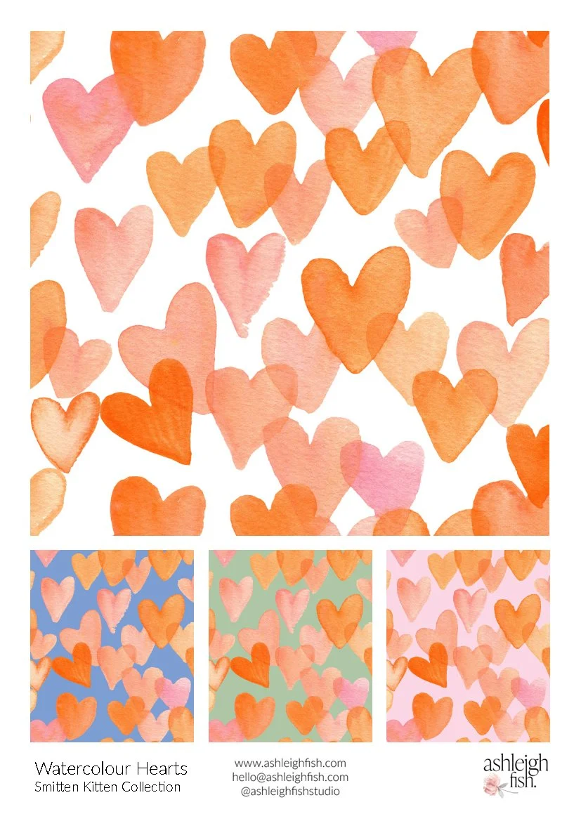 Watercolor hearts pattern in orange and pink with three color variations on blue, green, and pink backgrounds. Part of the Smitten Kitten Collection by Ashleigh Fish.