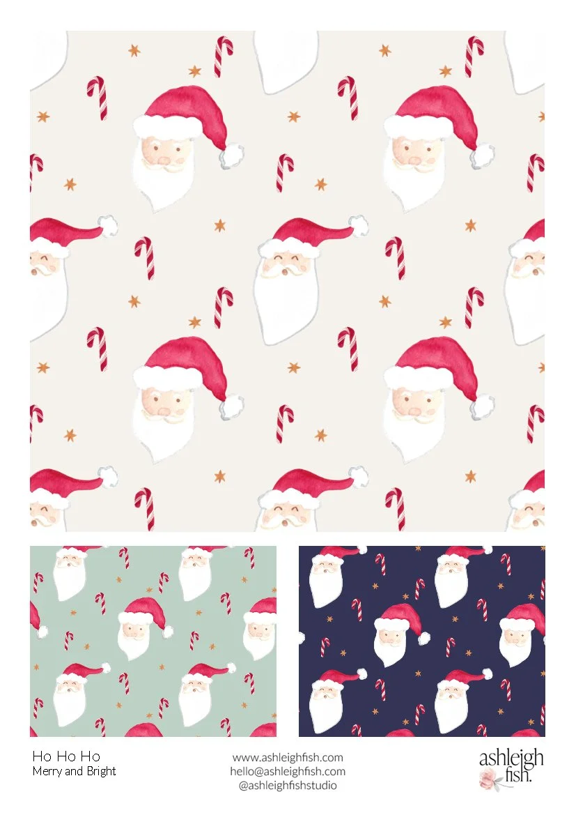 Pattern with Santa Claus faces and candy canes on different colored backgrounds, including white, green, and dark blue. Decorative pattern for holiday season.