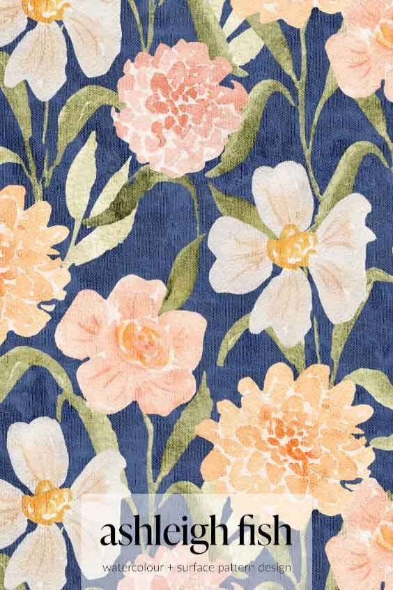 Floral watercolor pattern by Ashleigh Fish, featuring pink and white flowers with green leaves on a blue background.