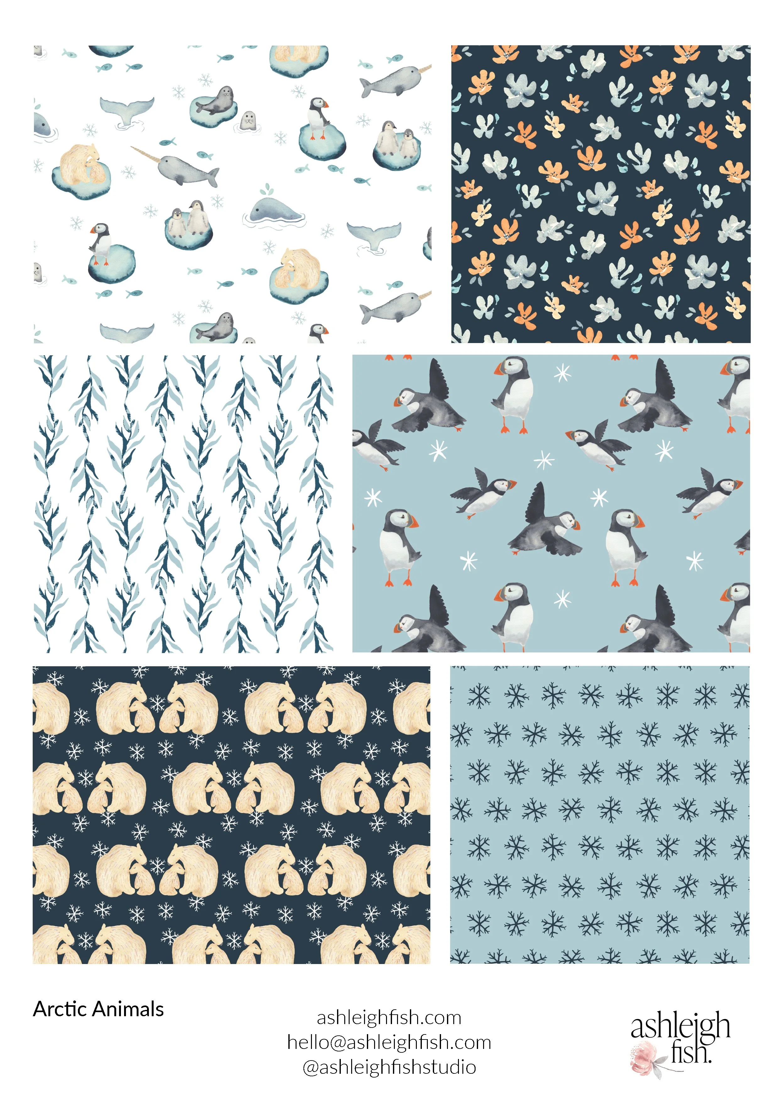 Collage of six arctic-themed patterns featuring animals like puffins, polar bears, seals, and whales, with snowflakes and botanical elements by Ashleigh Fish.
