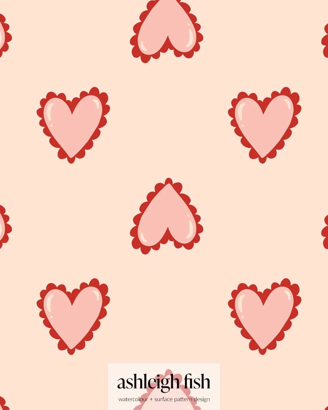 Pattern of pink hearts with red scalloped edges on a beige background.