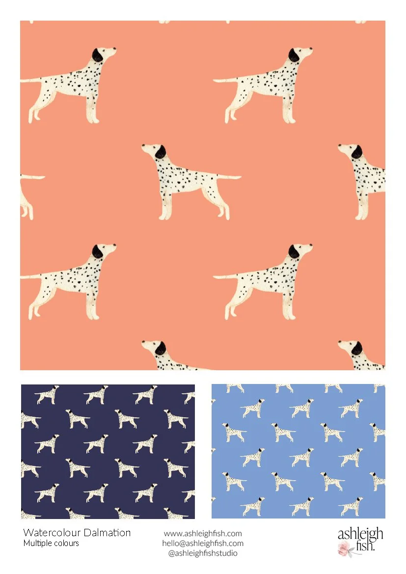 Pattern featuring watercolor Dalmatians on coral, dark blue, and light blue backgrounds.
