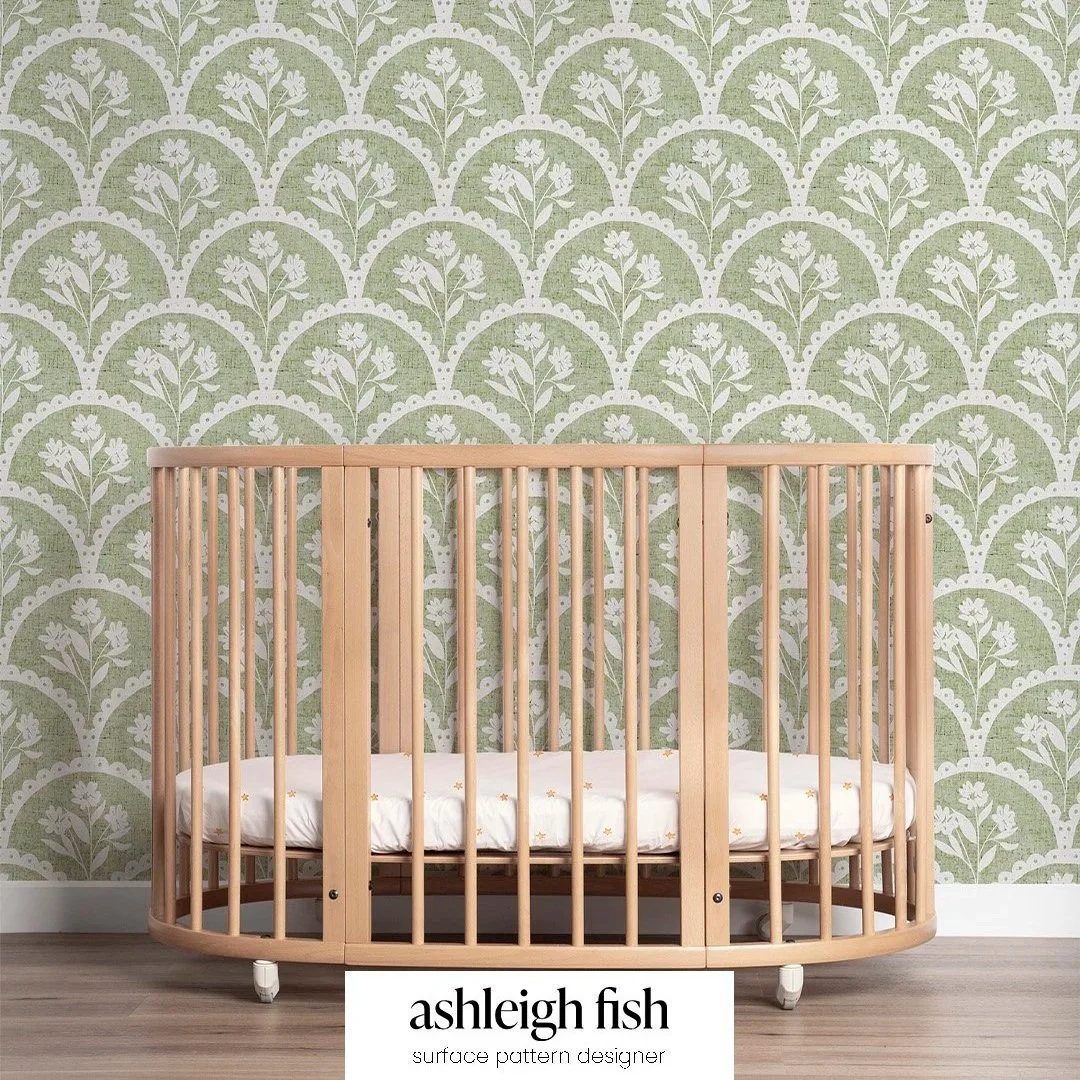jade green floral scalloped nursery wallpaper