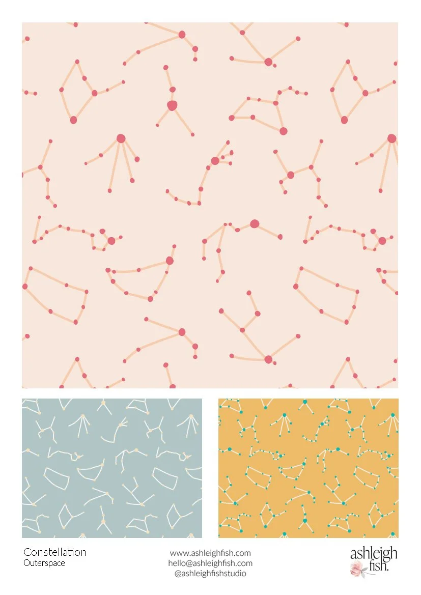 Pattern designs featuring stylized constellations in different color schemes, including pink on beige, white on blue, and blue on orange. Design by Ashleigh Fish.