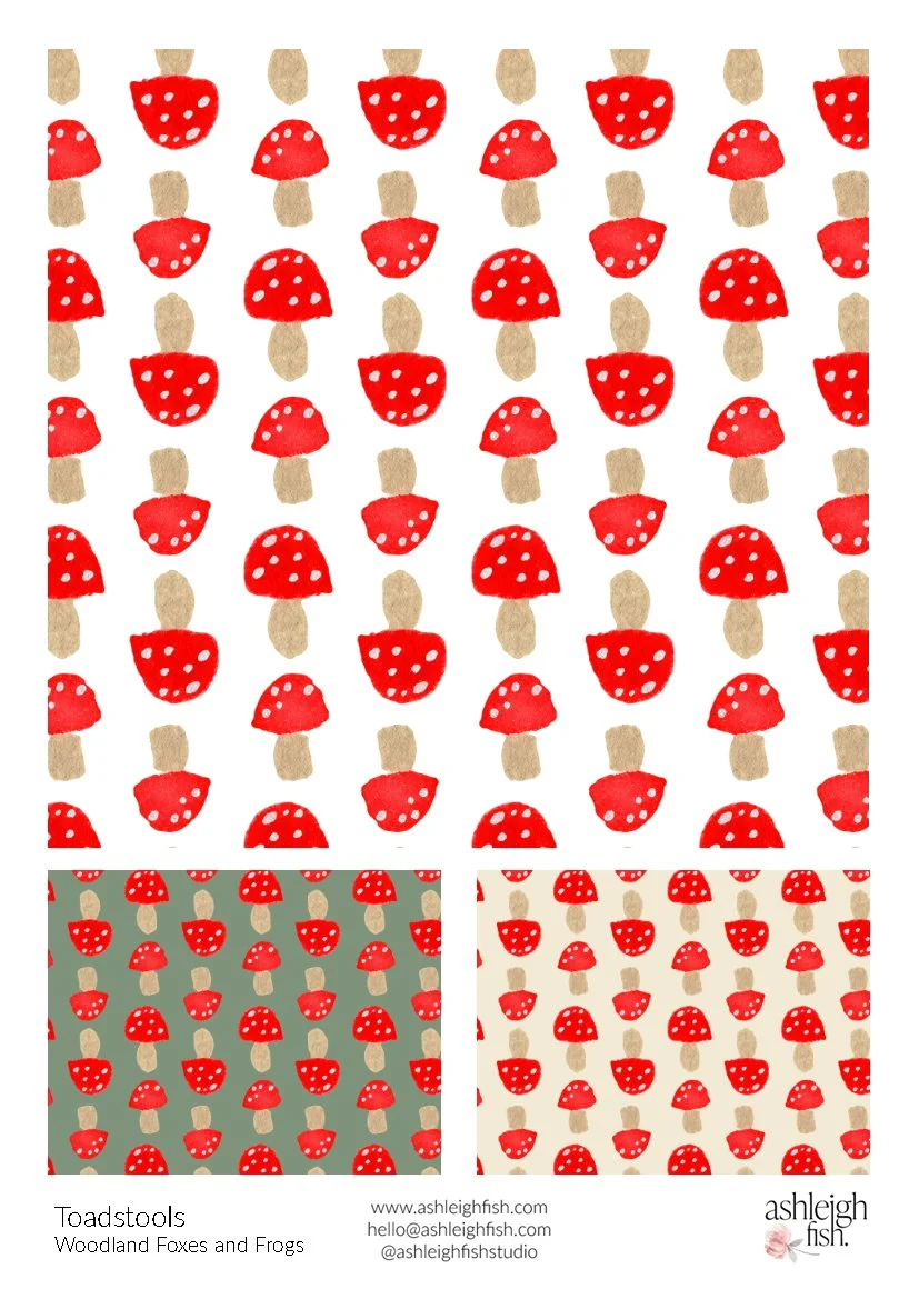Pattern of red and white toadstools on light and dark backgrounds.