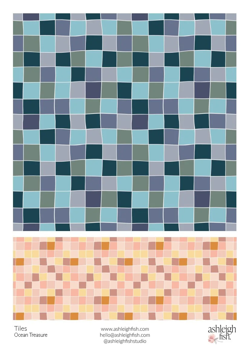 Tiled patterns in various shades, with a blue-toned pattern labeled 'Ocean Treasure' at the top and a warm-toned pattern below. Contact details and logo of ashleighfish.com are displayed at the bottom.