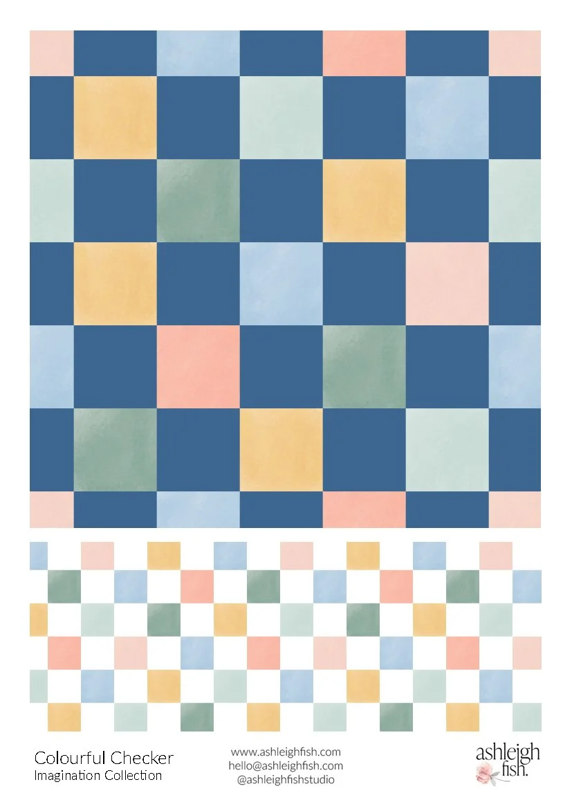 Colorful checkerboard pattern with squares in blue, yellow, green, peach, and light blue. Includes contact information for Ashleigh Fish Studio.