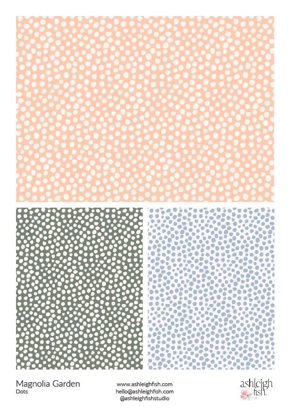 Abstract dotted patterns in peach, green, and blue, labeled Magnolia Garden, by Ashleigh Fish.