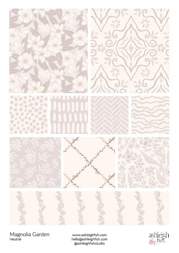 A collage of various floral and abstract patterns in neutral tones, including flowers, wavy lines, and geometric shapes. The design collection is titled 'Magnolia Garden Neutral.'