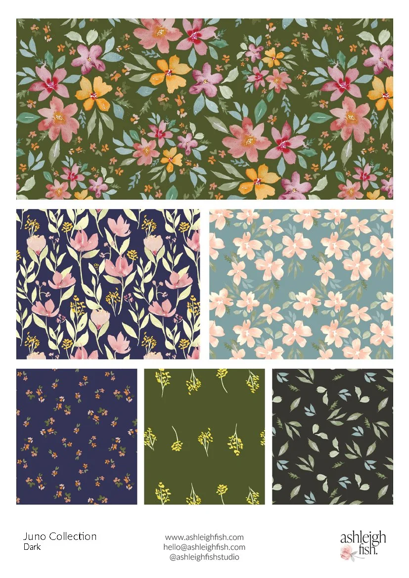 Juno Collection fabric patterns featuring floral designs in various colors, including pink and yellow flowers on green, blue, and dark backgrounds. Created by Ashleigh Fish.