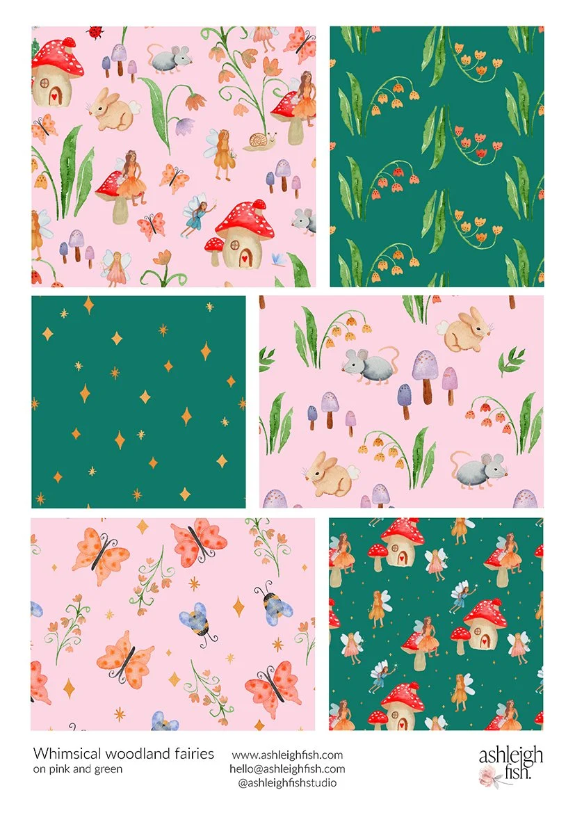 Collage of whimsical woodland fairy designs featuring fairies, toadstool houses, animals like mice and rabbits, mushrooms, butterflies, and flowers on pink and green backgrounds.